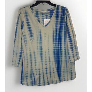 Belle Kim Gravel TripleLuxe Blue Knit Tie Dye V Neck 3/4 Sleeve Blouse Top M NEW